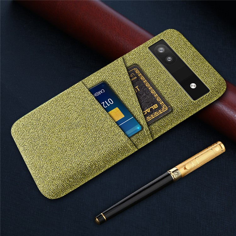 For Google Pixel 6a 5G Cloth Texture Shockproof Phone Case with Dual Card Slots Non-slip PU Leather Coated PC Protective Cover - Yellow