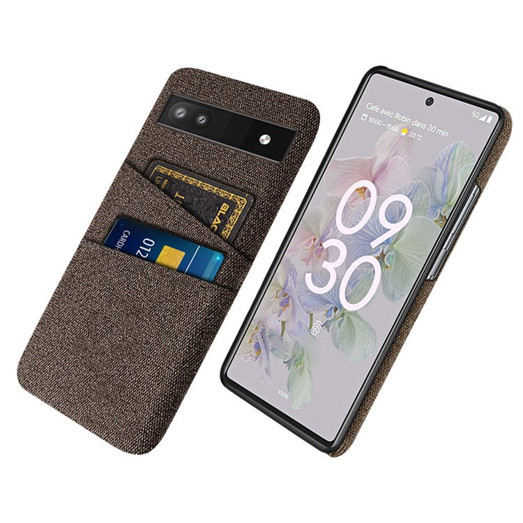 For Google Pixel 6a 5G Cloth Texture Shockproof Phone Case with Dual Card Slots Non-slip PU Leather Coated PC Protective Cover - Brown