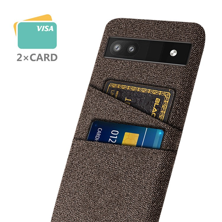 For Google Pixel 6a 5G Cloth Texture Shockproof Phone Case with Dual Card Slots Non-slip PU Leather Coated PC Protective Cover - Brown