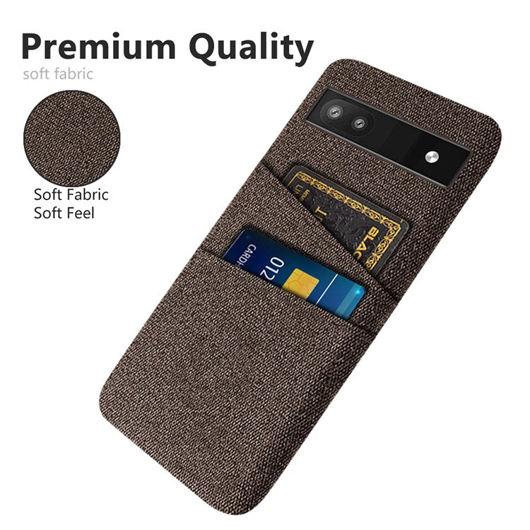 For Google Pixel 6a 5G Cloth Texture Shockproof Phone Case with Dual Card Slots Non-slip PU Leather Coated PC Protective Cover - Brown