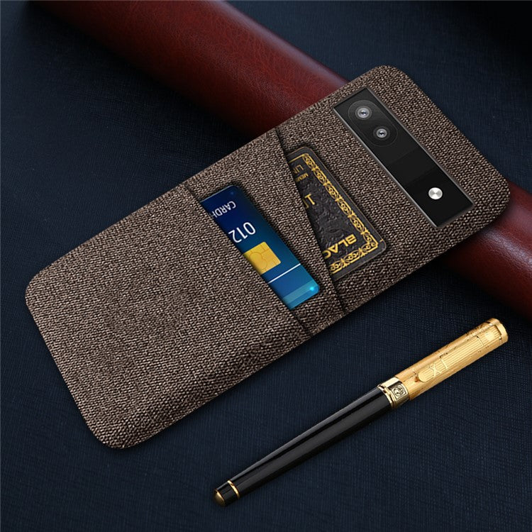 For Google Pixel 6a 5G Cloth Texture Shockproof Phone Case with Dual Card Slots Non-slip PU Leather Coated PC Protective Cover - Brown