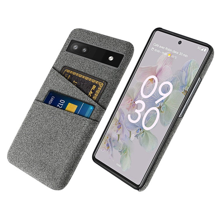 For Google Pixel 6a 5G Cloth Texture Shockproof Phone Case with Dual Card Slots Non-slip PU Leather Coated PC Protective Cover - Grey