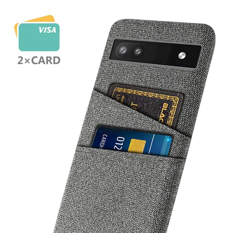 For Google Pixel 6a 5G Cloth Texture Shockproof Phone Case with Dual Card Slots Non-slip PU Leather Coated PC Protective Cover - Grey