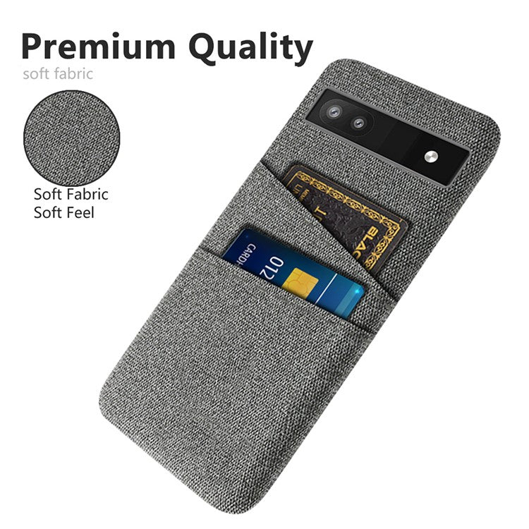 For Google Pixel 6a 5G Cloth Texture Shockproof Phone Case with Dual Card Slots Non-slip PU Leather Coated PC Protective Cover - Grey