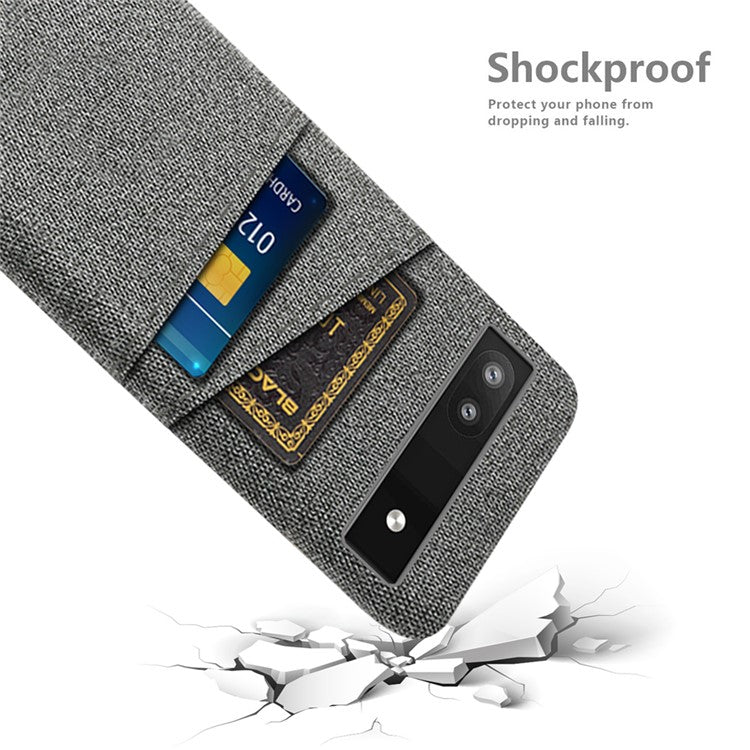 For Google Pixel 6a 5G Cloth Texture Shockproof Phone Case with Dual Card Slots Non-slip PU Leather Coated PC Protective Cover - Grey