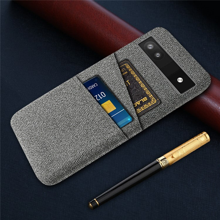 For Google Pixel 6a 5G Cloth Texture Shockproof Phone Case with Dual Card Slots Non-slip PU Leather Coated PC Protective Cover - Grey