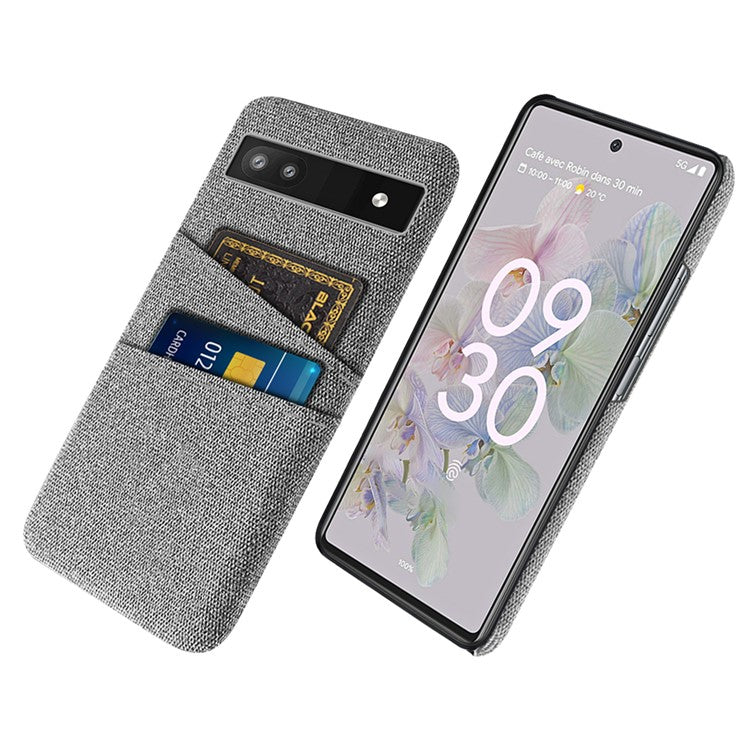 For Google Pixel 6a 5G Cloth Texture Shockproof Phone Case with Dual Card Slots Non-slip PU Leather Coated PC Protective Cover - Light Grey