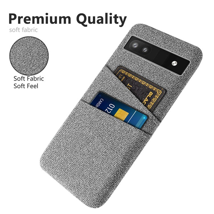 For Google Pixel 6a 5G Cloth Texture Shockproof Phone Case with Dual Card Slots Non-slip PU Leather Coated PC Protective Cover - Light Grey