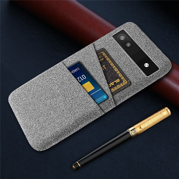 For Google Pixel 6a 5G Cloth Texture Shockproof Phone Case with Dual Card Slots Non-slip PU Leather Coated PC Protective Cover - Light Grey