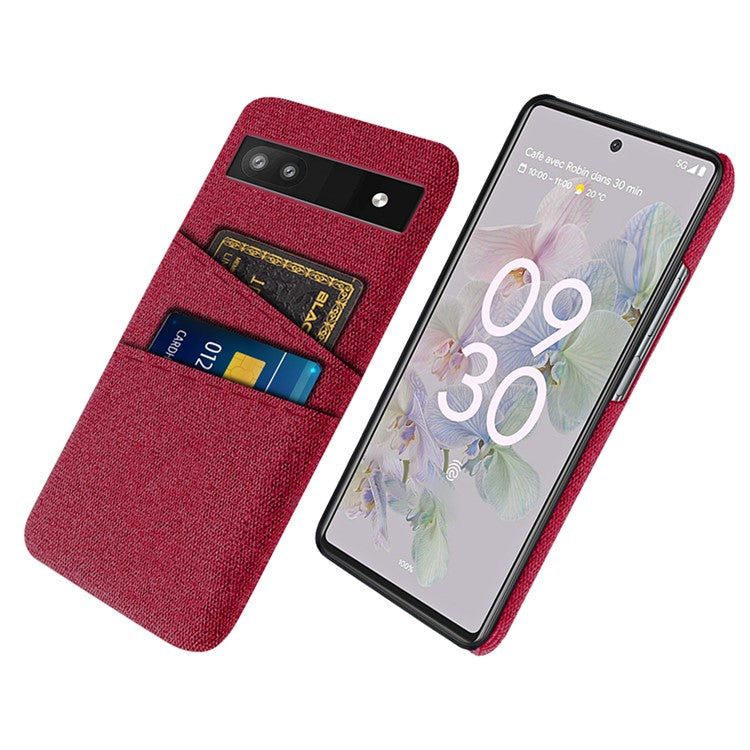 For Google Pixel 6a 5G Cloth Texture Shockproof Phone Case with Dual Card Slots Non-slip PU Leather Coated PC Protective Cover - Red