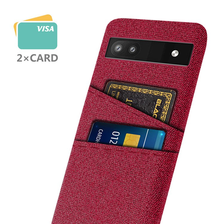 For Google Pixel 6a 5G Cloth Texture Shockproof Phone Case with Dual Card Slots Non-slip PU Leather Coated PC Protective Cover - Red