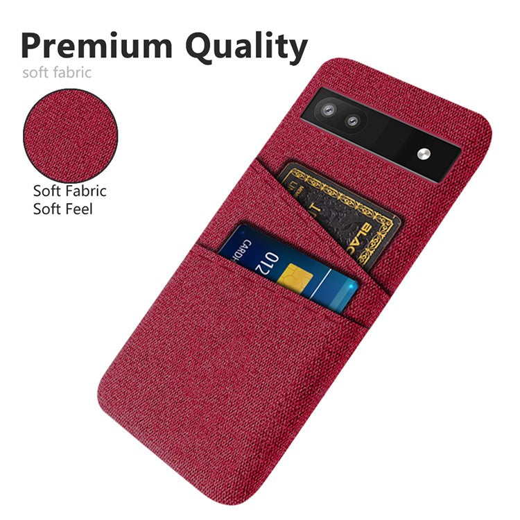 For Google Pixel 6a 5G Cloth Texture Shockproof Phone Case with Dual Card Slots Non-slip PU Leather Coated PC Protective Cover - Red