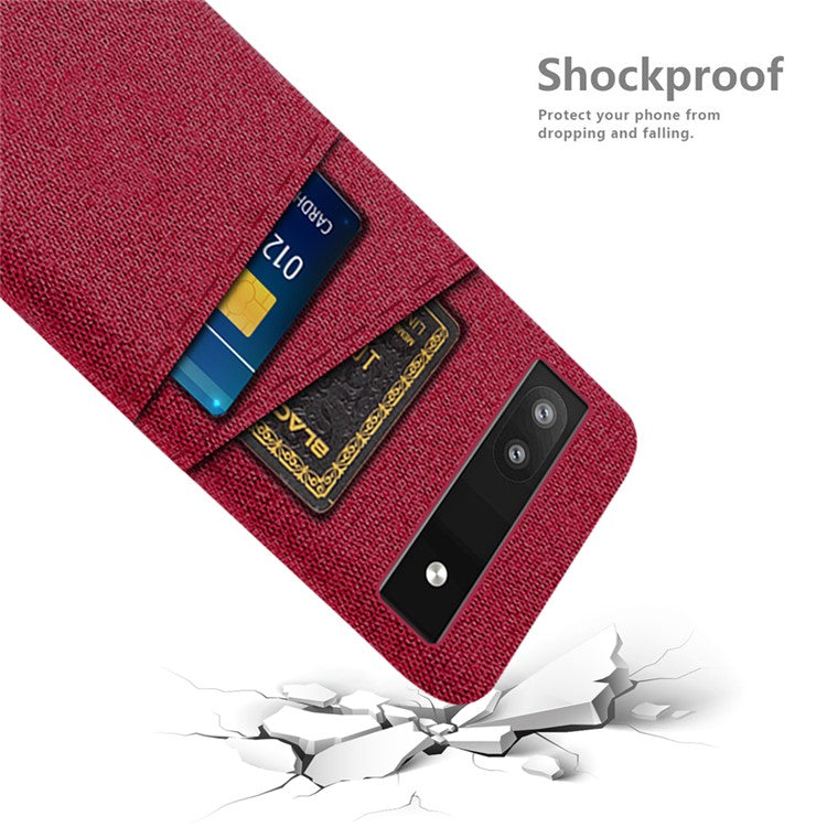 For Google Pixel 6a 5G Cloth Texture Shockproof Phone Case with Dual Card Slots Non-slip PU Leather Coated PC Protective Cover - Red