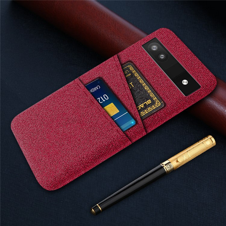 For Google Pixel 6a 5G Cloth Texture Shockproof Phone Case with Dual Card Slots Non-slip PU Leather Coated PC Protective Cover - Red