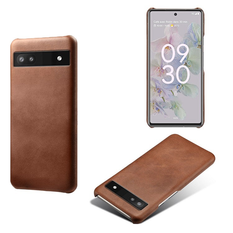 For Google Pixel 6a 5G Drop-proof Phone Case PU Leather Coating Wear-resistant Hard PC Protective Cover - Brown