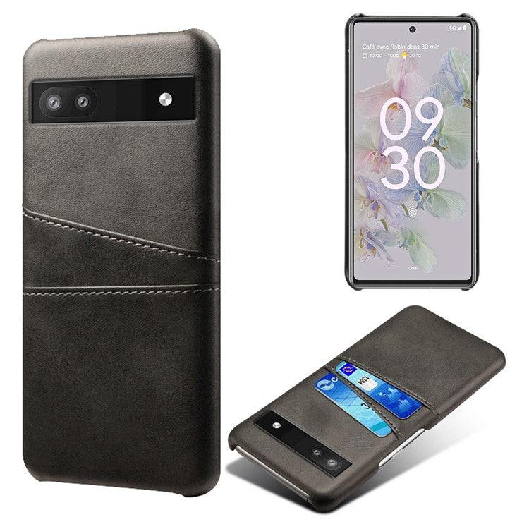 For Google Pixel 6a 5G Anti-fall Phone Case with Dual Card Slots PU Leather Coated Hard PC Ultra-thin Back Cover Shell - Black