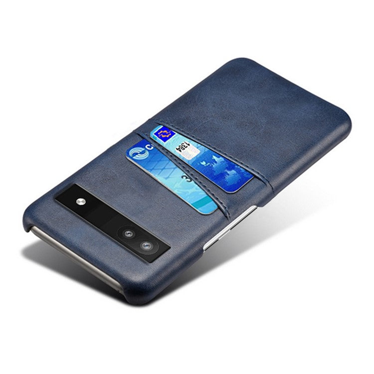 For Google Pixel 6a 5G Anti-fall Phone Case with Dual Card Slots PU Leather Coated Hard PC Ultra-thin Back Cover Shell - Blue