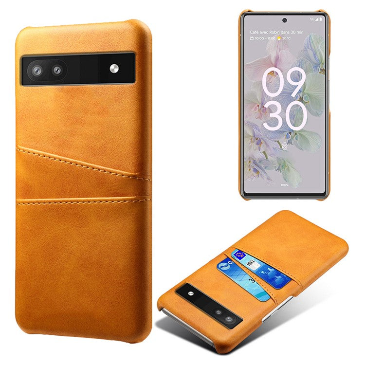 For Google Pixel 6a 5G Anti-fall Phone Case with Dual Card Slots PU Leather Coated Hard PC Ultra-thin Back Cover Shell - Orange