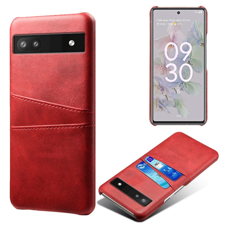 For Google Pixel 6a 5G Anti-fall Phone Case with Dual Card Slots PU Leather Coated Hard PC Ultra-thin Back Cover Shell - Red