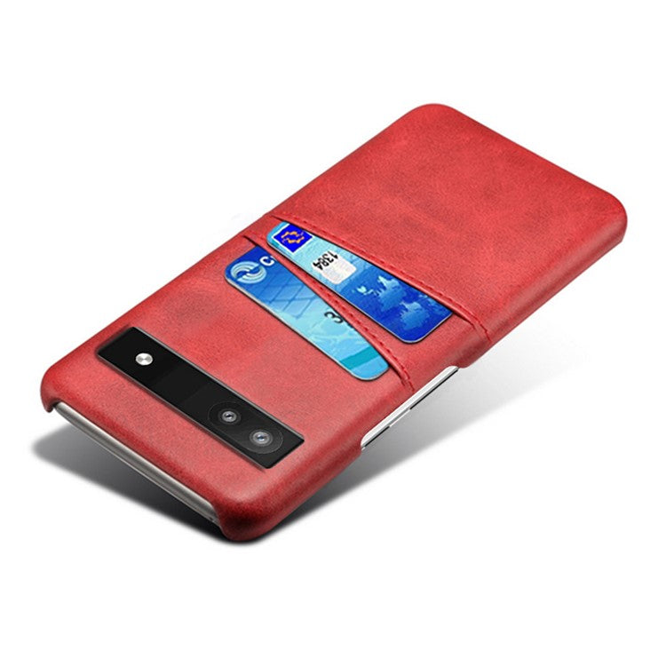 For Google Pixel 6a 5G Anti-fall Phone Case with Dual Card Slots PU Leather Coated Hard PC Ultra-thin Back Cover Shell - Red