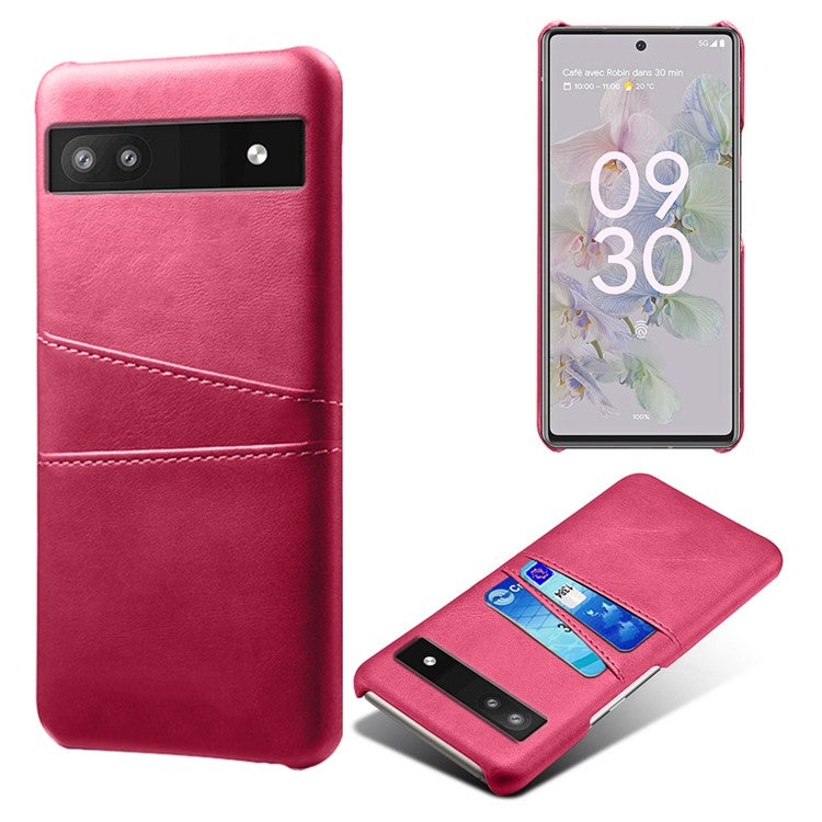 For Google Pixel 6a 5G Anti-fall Phone Case with Dual Card Slots PU Leather Coated Hard PC Ultra-thin Back Cover Shell - Rose