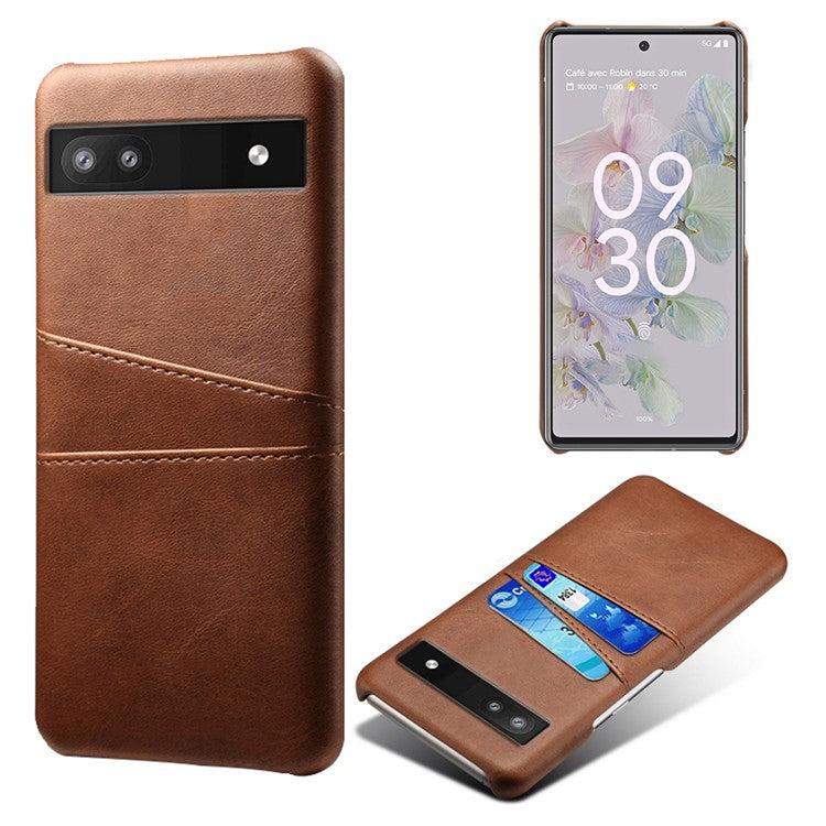 For Google Pixel 6a 5G Anti-fall Phone Case with Dual Card Slots PU Leather Coated Hard PC Ultra-thin Back Cover Shell - Brown