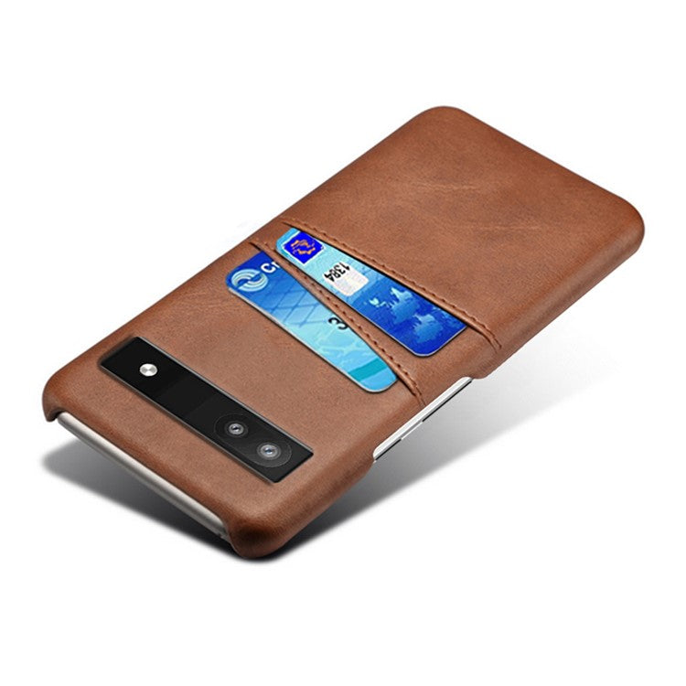 For Google Pixel 6a 5G Anti-fall Phone Case with Dual Card Slots PU Leather Coated Hard PC Ultra-thin Back Cover Shell - Brown