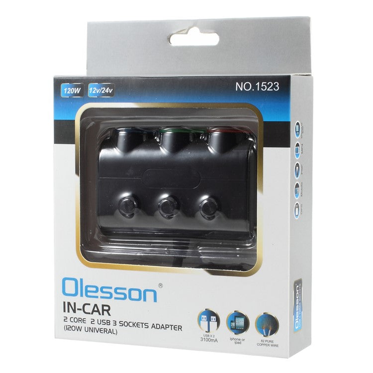 OLESSON 1523 120W Car Charger 2-USB Ports 3 Cigarette Lighter Sockets Charging Adapter - Black