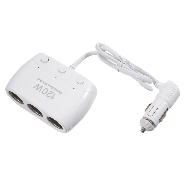 OLESSON No.1519 120W 12V/24V 1 to 3 Sockets Car Cigarette Lighter Splitter Extended Socket with On/Off Button - White