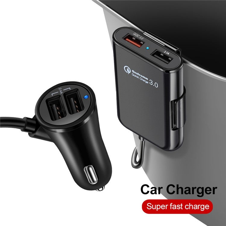 HMQ-C801 Quick Charge QC3.0 4-Port USB Front and Rear Car Charger Extending USB HUB with 1.8m Cable