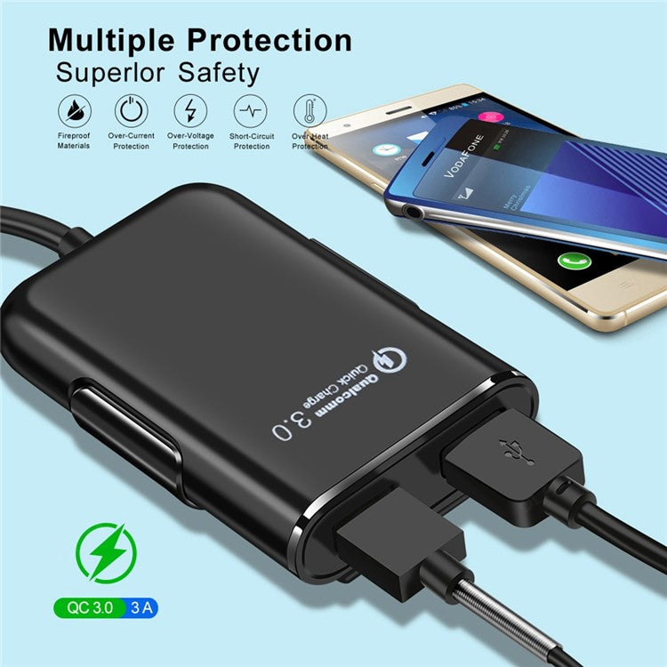 HMQ-C801 Quick Charge QC3.0 4-Port USB Front and Rear Car Charger Extending USB HUB with 1.8m Cable