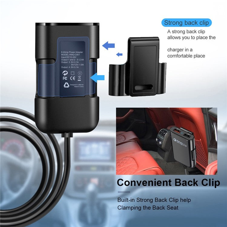 HMQ-C801 Quick Charge QC3.0 4-Port USB Front and Rear Car Charger Extending USB HUB with 1.8m Cable