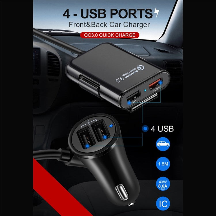 HMQ-C801 Quick Charge QC3.0 4-Port USB Front and Rear Car Charger Extending USB HUB with 1.8m Cable