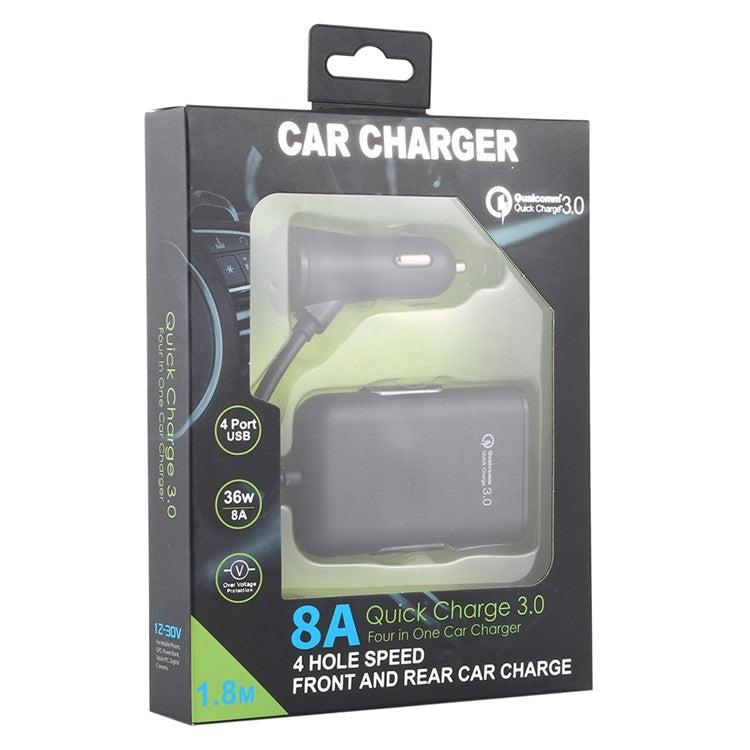 HMQ-C801 Quick Charge QC3.0 4-Port USB Front and Rear Car Charger Extending USB HUB with 1.8m Cable