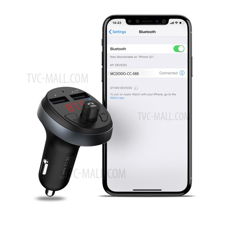 MCDODO CC-6880 Bluetooth FM Transmitter Car Charger Wireless Bluetooth FM Radio Adapter Music Player - Black