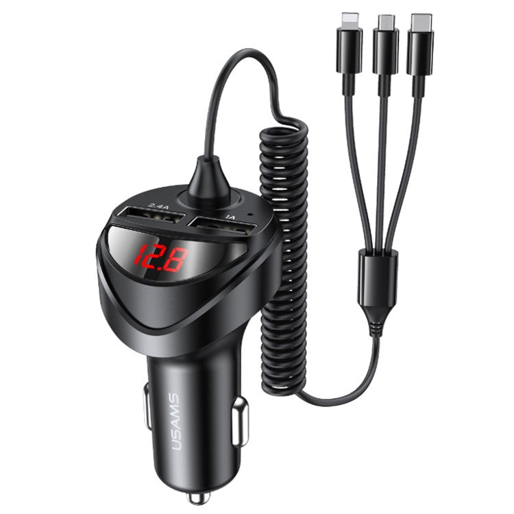 USAMS US-CC119 C22 Digital Display Dual USB 3.4A Car Charger + 3-in-1 [Micro + Lightning + Type-C] Charging Cable Set