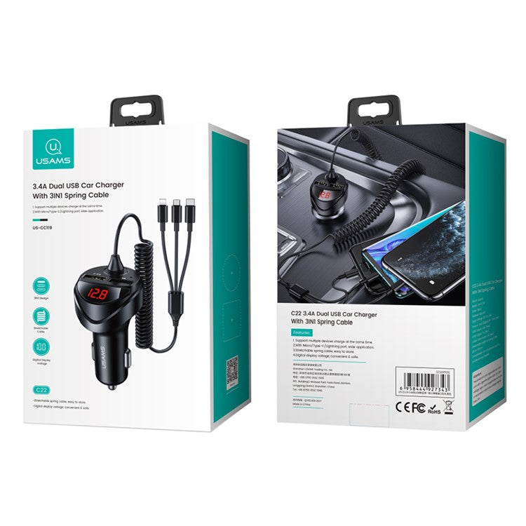 USAMS US-CC119 C22 Digital Display Dual USB 3.4A Car Charger + 3-in-1 [Micro + Lightning + Type-C] Charging Cable Set