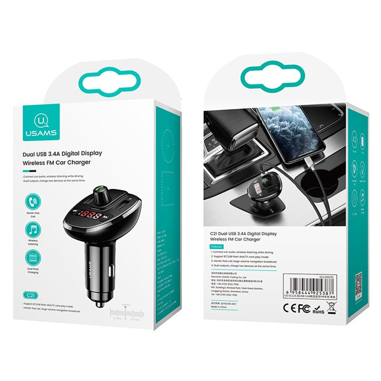 USAMS US-CC115 C21 Dual USB Port 3.4A FM Car Charger with Digital Display