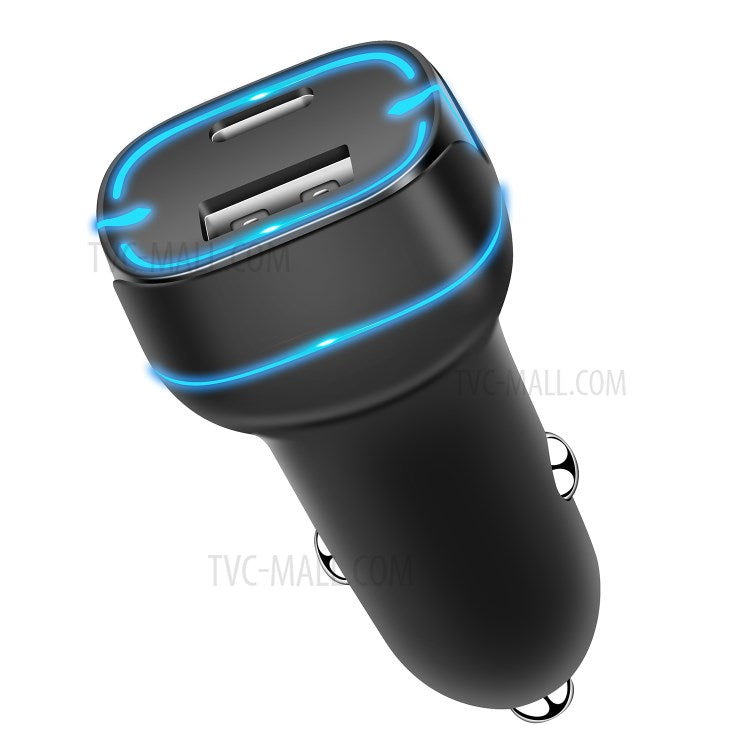 PD+QC 36W Dual Port Car Charger Fast Charging Adapter with LED Indicator for iPhone/Xiaomi/Huawei - Black