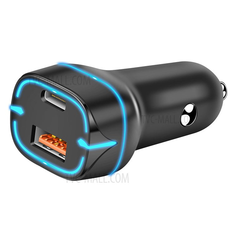 PD+QC 36W Dual Port Car Charger Fast Charging Adapter with LED Indicator for iPhone/Xiaomi/Huawei - Black