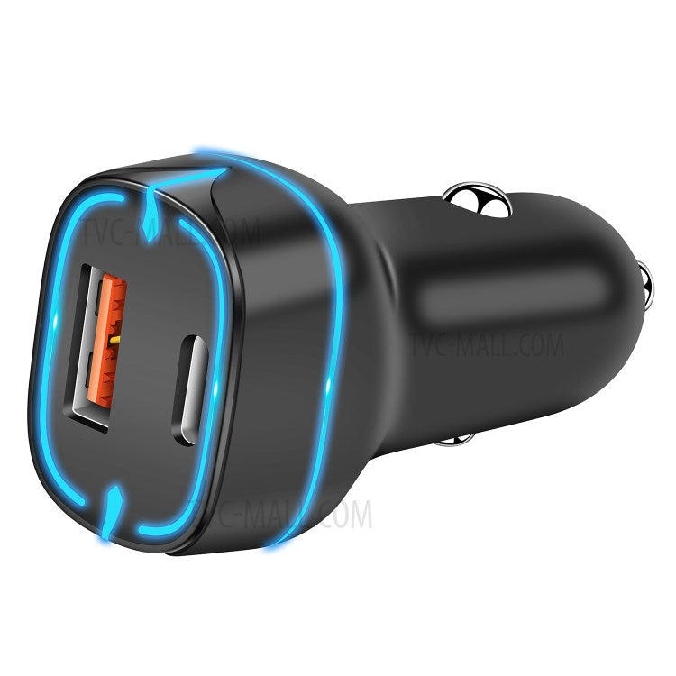 PD+QC 36W Dual Port Car Charger Fast Charging Adapter with LED Indicator for iPhone/Xiaomi/Huawei - Black