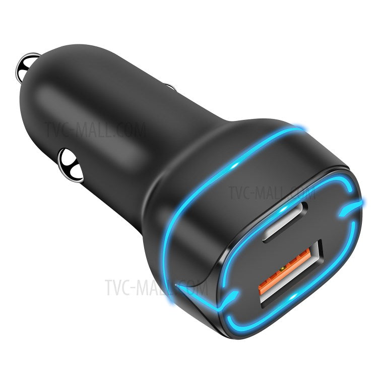 PD+QC 36W Dual Port Car Charger Fast Charging Adapter with LED Indicator for iPhone/Xiaomi/Huawei - Black