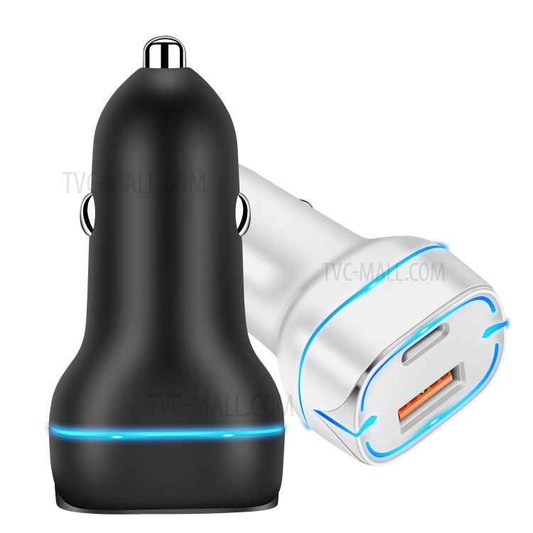 PD+QC 36W Dual Port Car Charger Fast Charging Adapter with LED Indicator for iPhone/Xiaomi/Huawei - Black