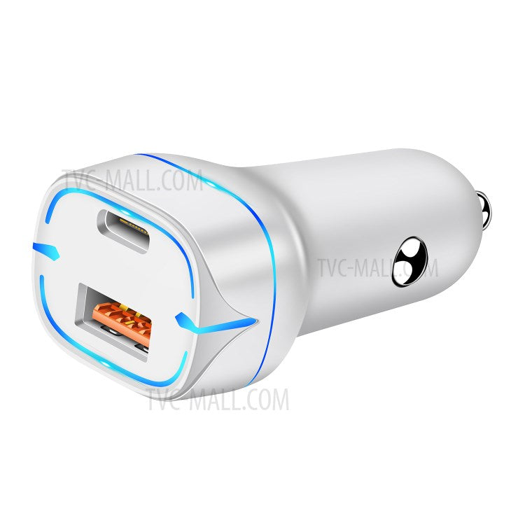 PD+QC 36W Dual Port Car Charger Fast Charging Adapter with LED Indicator for iPhone/Xiaomi/Huawei - White