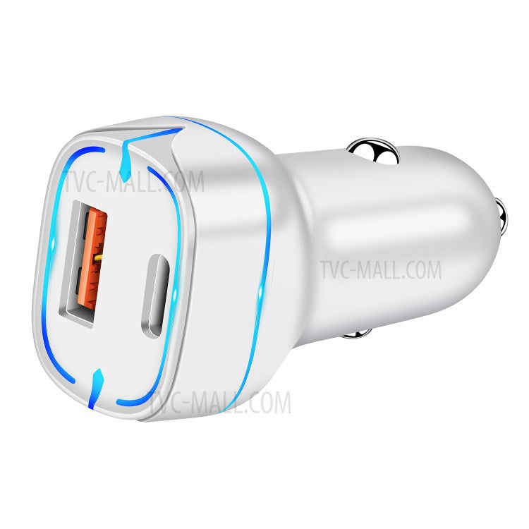 PD+QC 36W Dual Port Car Charger Fast Charging Adapter with LED Indicator for iPhone/Xiaomi/Huawei - White