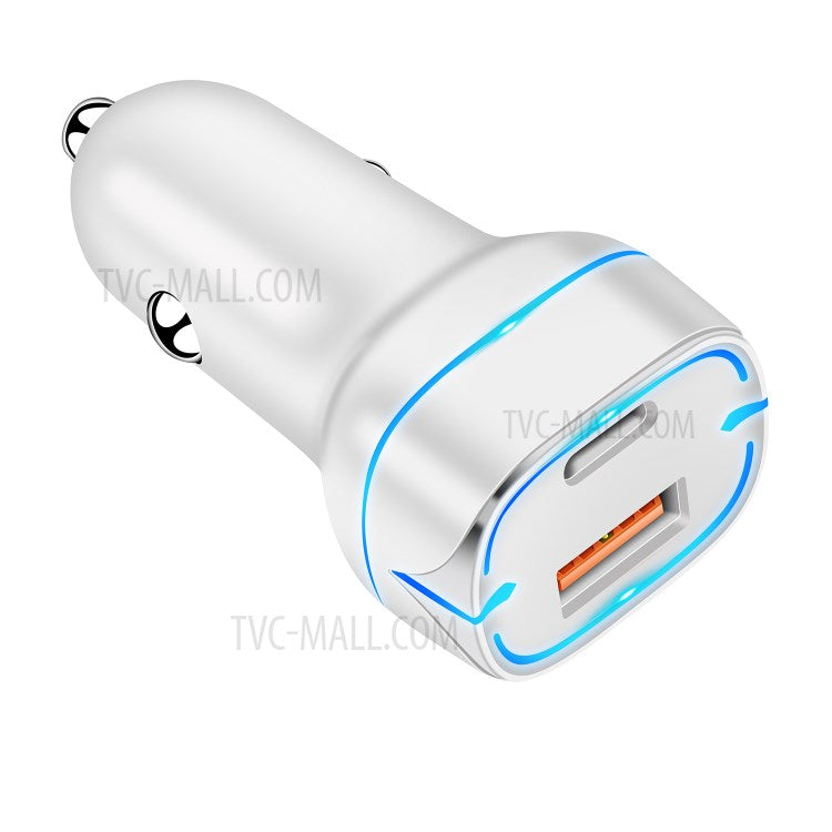 PD+QC 36W Dual Port Car Charger Fast Charging Adapter with LED Indicator for iPhone/Xiaomi/Huawei - White