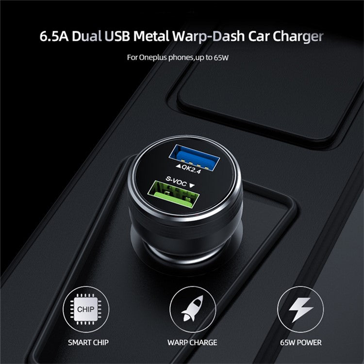 65W Dual Ports Car Charger Phone Charging Adapter for OnePlus 9R/9 Pro/8T/8 Pro/7T Pro/7/6T Warp Charge Fast Charger - Black