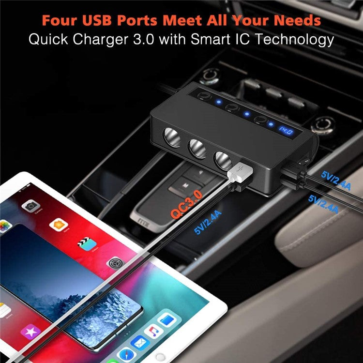 TR24 High Power Car Charger 3 Cigarette Lighter Sockets 4 USB Ports Fast Charging Adapter with Independent Switch