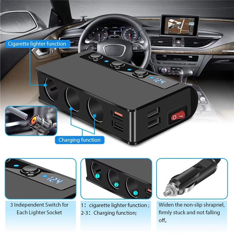 TR24 High Power Car Charger 3 Cigarette Lighter Sockets 4 USB Ports Fast Charging Adapter with Independent Switch