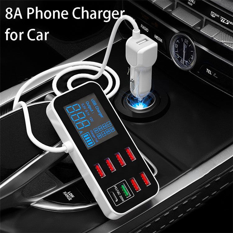 WLX-A9S+ 8-port USB Car Charger PD 20W + QC3.0 Phone Charger Adapter Smart LCD Display Charging Station